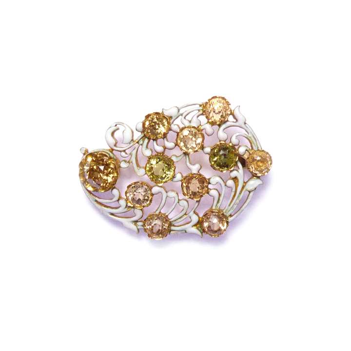 Art nouveau enamel, diamond and gem set brooch
